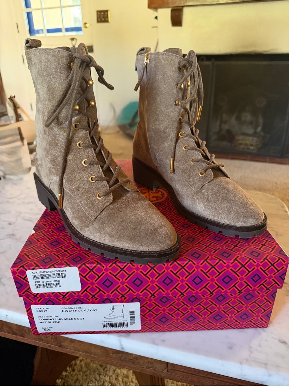 Tory Burch Taupe Suede Lace-Up Combat Boots with Gold Hardware